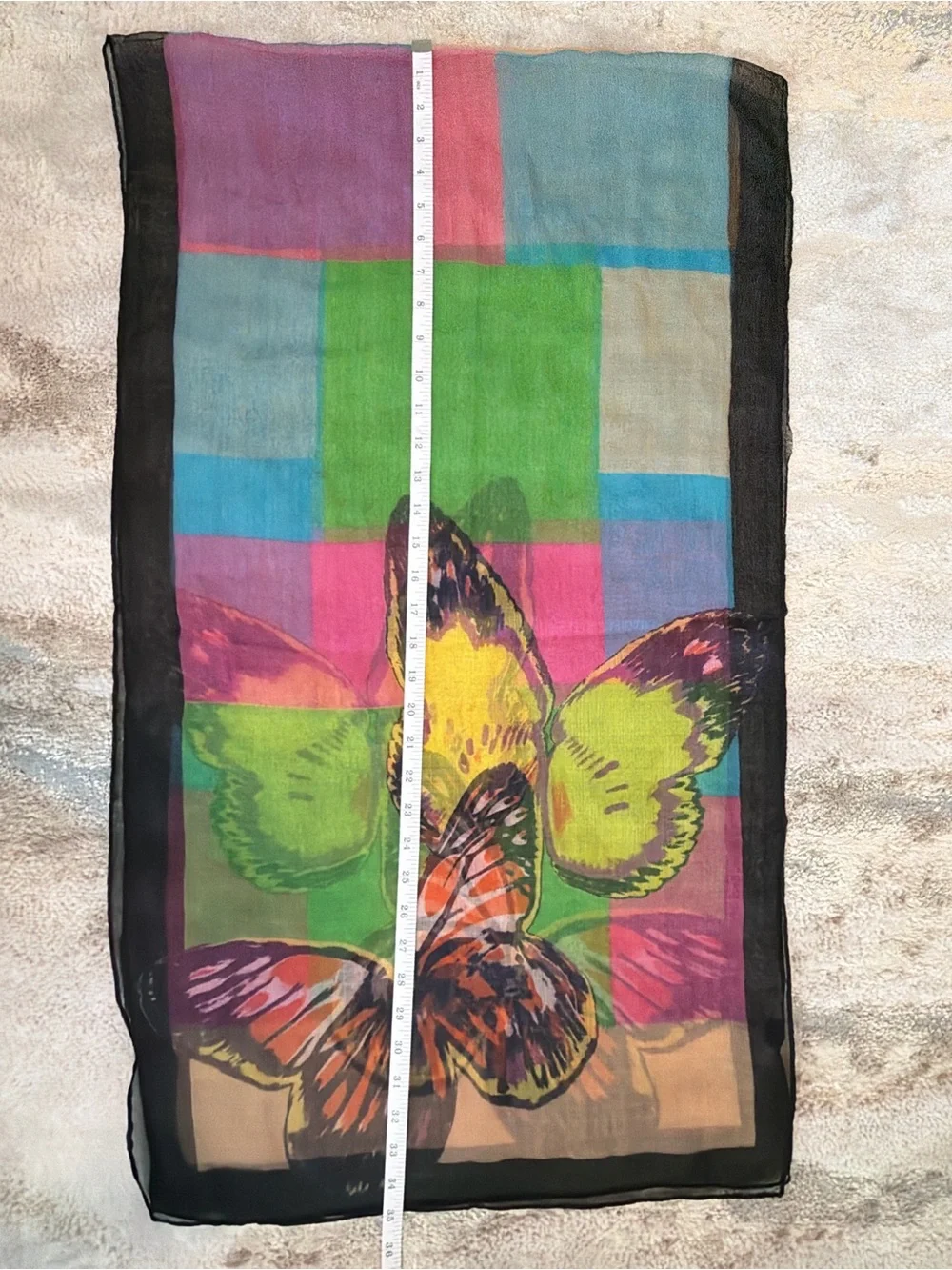 Sheer Multicolor Butterfly-Print Scarf with Black Trim
